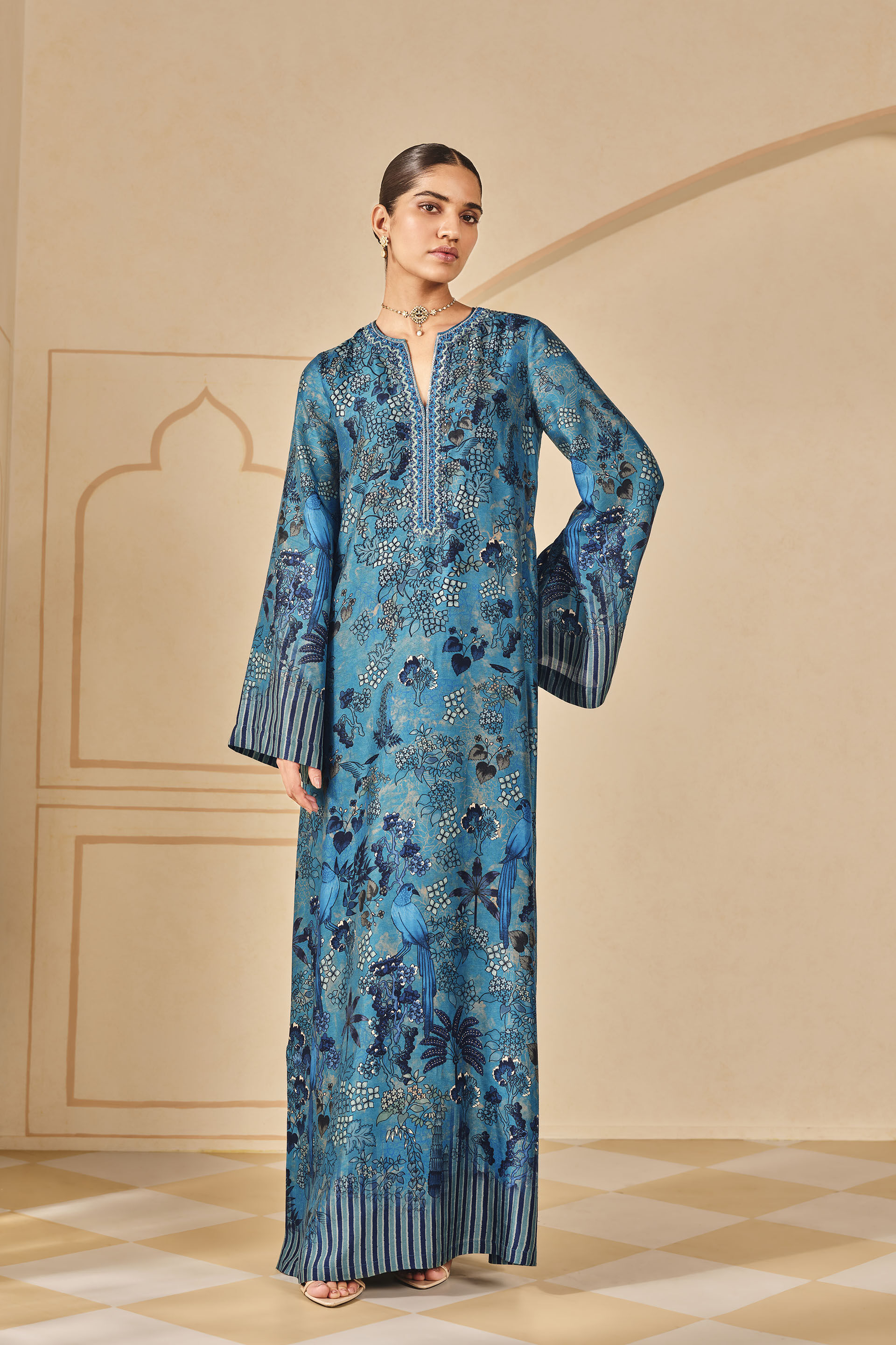 Avis Printed Silk Kaftan Blue